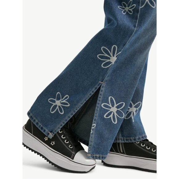 Justice Girls Wide Leg Flower SZ 16 Jeans Side Slit Y2K Floral Denim Daisy 70's - Picture 15 of 15